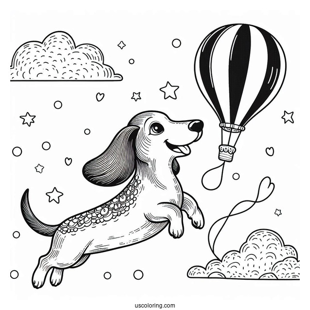 Dachshund Coloring Page Flying With Balloon In The Sky