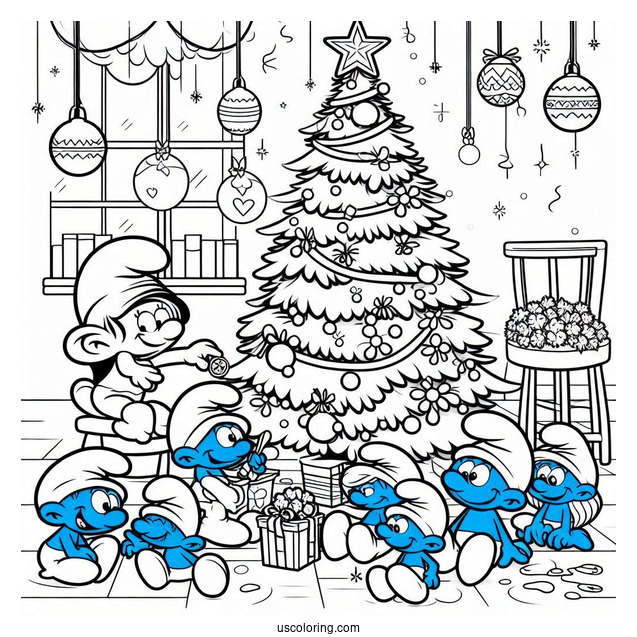 The Smurfs Decorating Christmas Tree Coloring Page