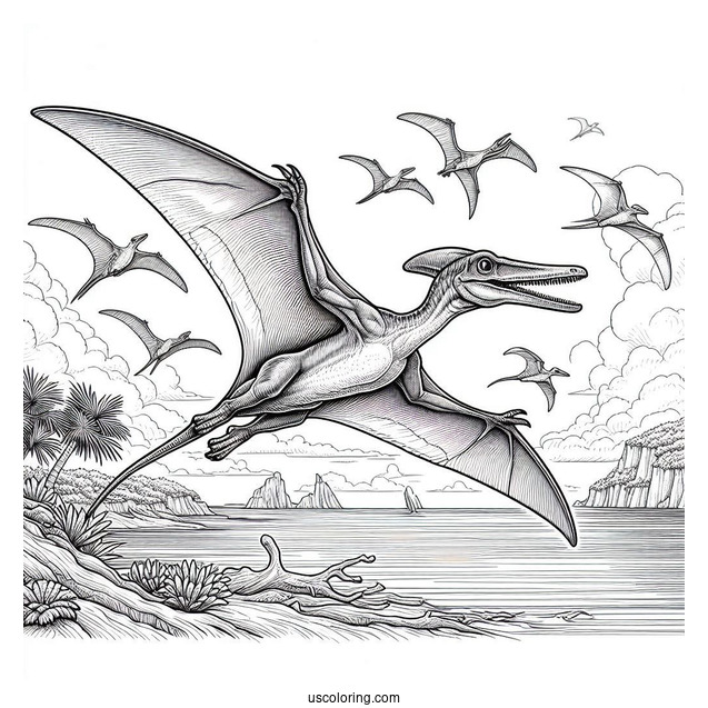 Realistic Pterodactyl Coloring Page Flying Over The Sea