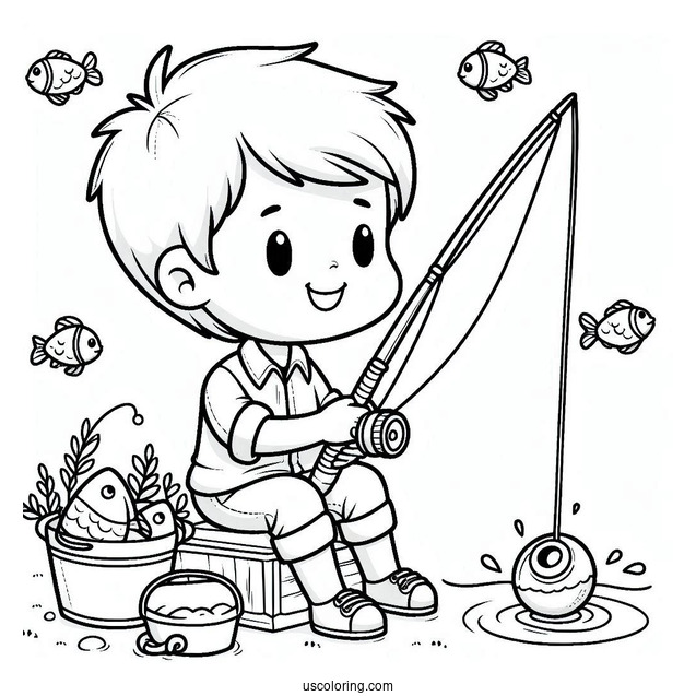 Happy Little Boy Fishing Coloring Page