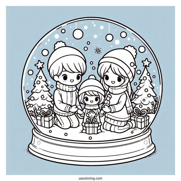 Family Celebrating Christmas Snow Globe Coloring Page