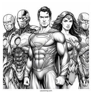 Justice League Coloring Page Of Realistic Superman, Cyborg, Wonder Woman, Aquaman, Flash, And Batman
