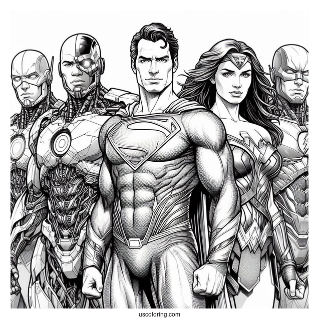 Justice League Coloring Page Of Realistic Superman, Cyborg, Wonder Woman, Aquaman, Flash, And Batman