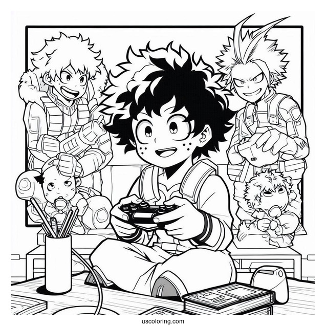 Full Page My Hero Academia Deku Coloring Page Playing Video Game With Friends