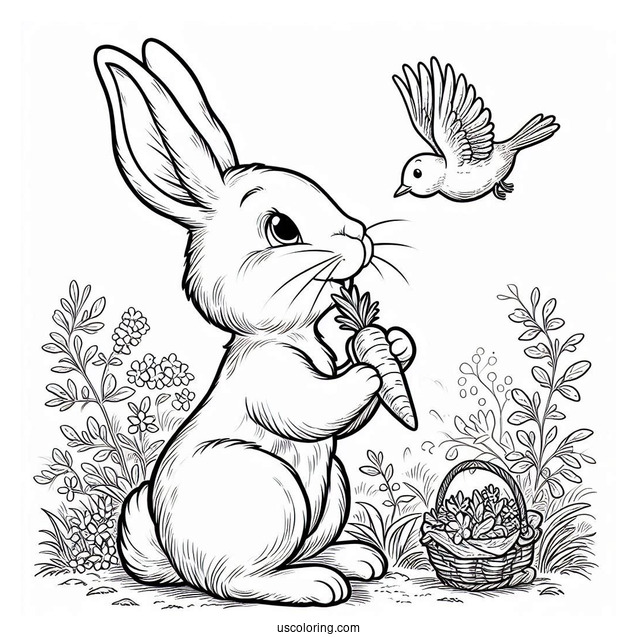 Peter Rabbit Coloring Page Nibbling On A Carrot While Looking Up At A Bird