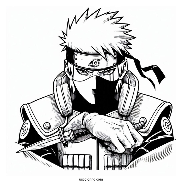 Detailed Hatake Kakashi Coloring Page Holding A Kunai