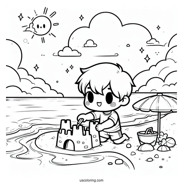 Playful Chibi Coloring Page Kid Building a Sandcastle on the Beach