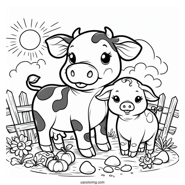 Cow And Pig On a Farm To Color