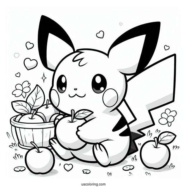 Pichu Coloring Page Collecting Apples With Pikachu For Kids