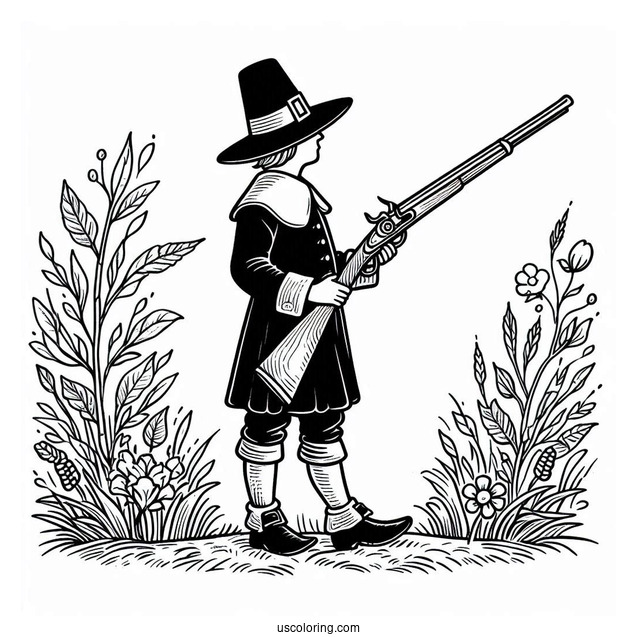 Simple Pilgrim Coloring Page With A Musket For Kids