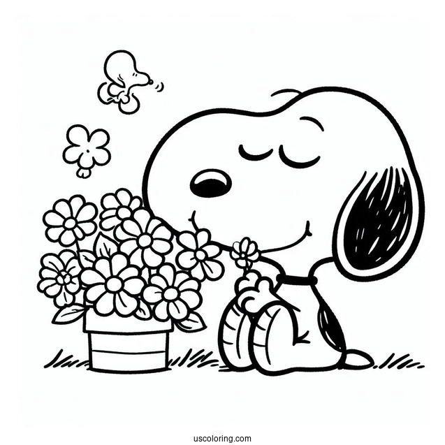 Snoopy Smelling Flowers To Color