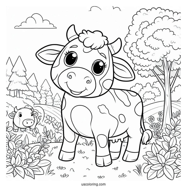 Happy Cow Standing In Forrest Coloring Sheet