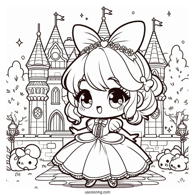 Kawaii Chibi Cinderella Outside Castle Coloring Page For Kids
