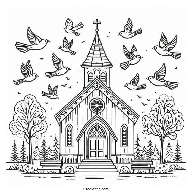Traditional Church Coloring Page Outline With Birds And Trees