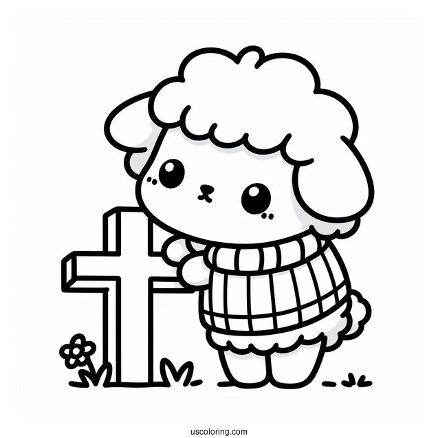 Kawaii Sheep In Sweater Leaning Over A Small Cross Coloring Page For Kids