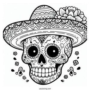 Grinning Sugar Skulls Coloring Page Wearing A Sombrero