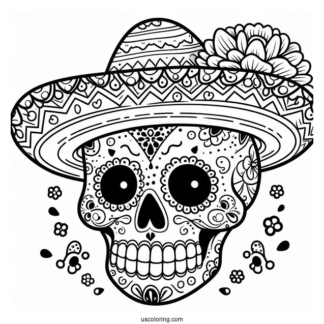 Grinning Sugar Skulls Coloring Page Wearing A Sombrero