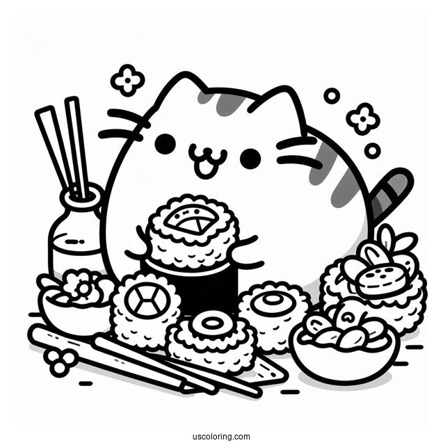 Kawaii Pusheen Eating Sushi Coloring Page