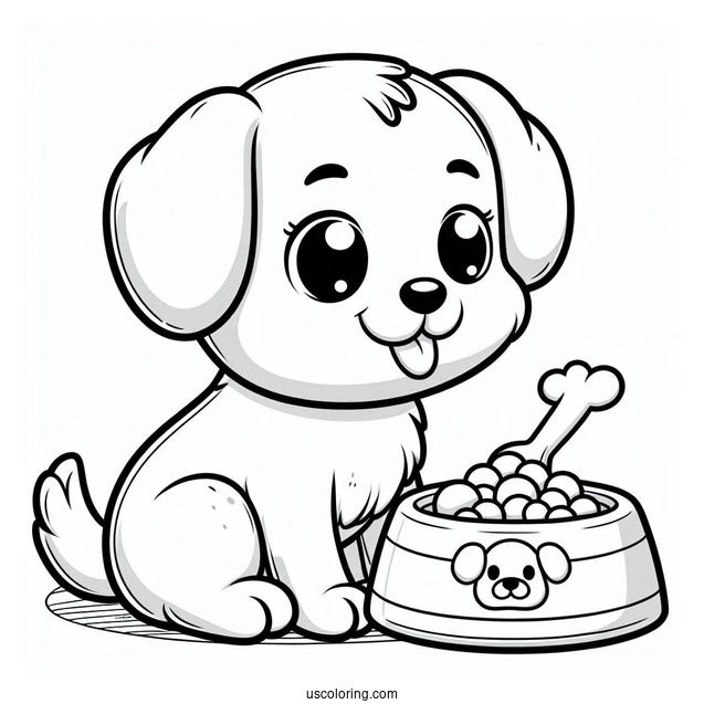 Cute Cartoon Puppy In Front Of Food Bowl