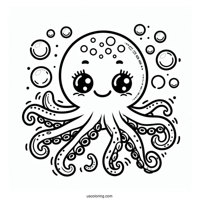 Cartoon Octopus Coloring Page With Bubbles