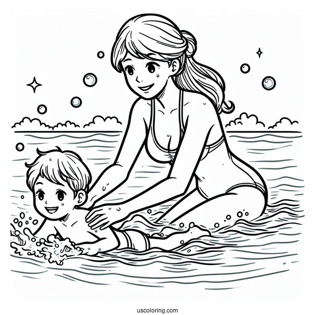 Swimming Coloring Page Of Mother Teaching Son To Swim