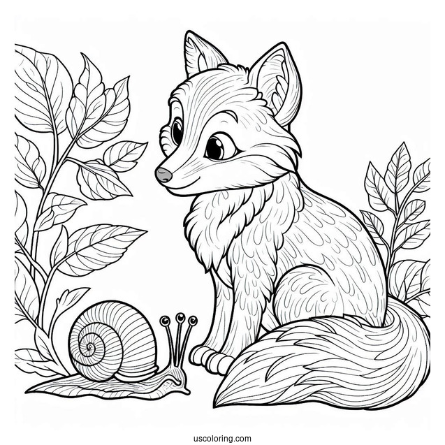 Young Fox Coloring Page Watching A Large Snail On A Leaf