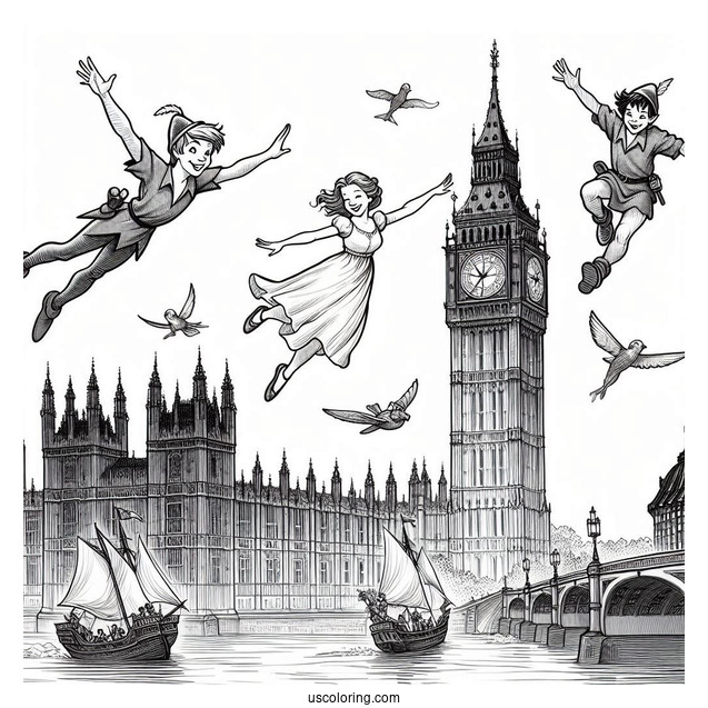 Peter Pan, Wendy, John, And Michael Flying Past Big Ben