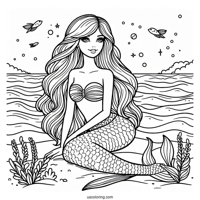 Mermaid Barbie In Ocean Coloring Sheet