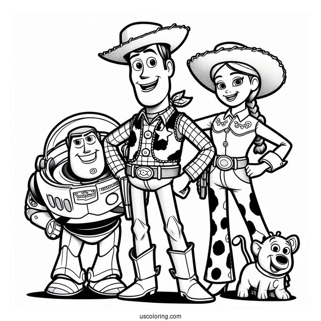 Pixar Coloring Page of Toy Story Woody, Buzz, And Jessie With Friends