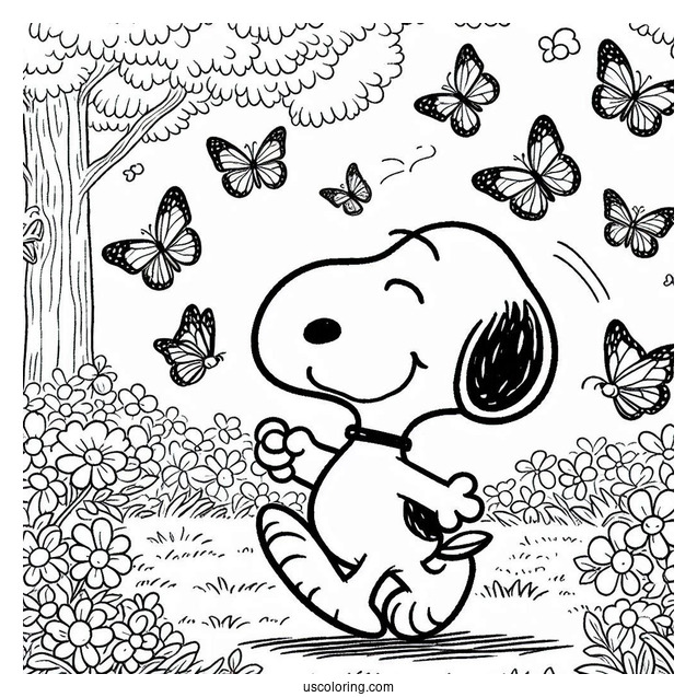 Snoopy Walking In Park With Butterflies
