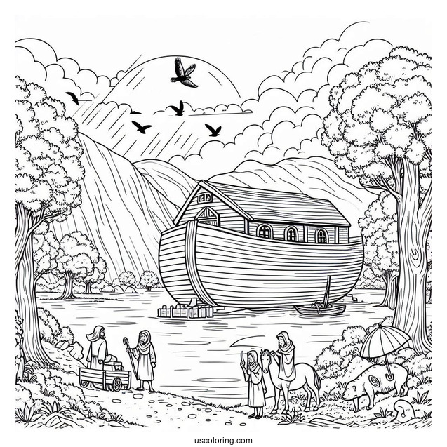 Noah's Ark Coloring Page Of His Family Building The Ark