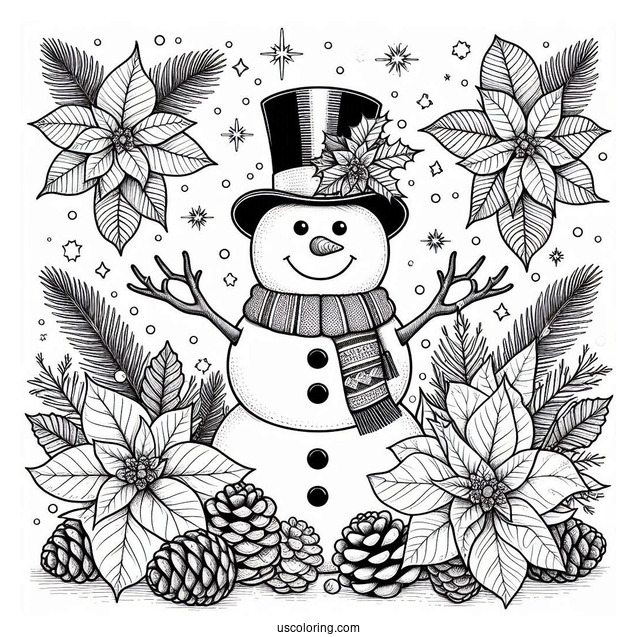 Christmas Coloring Pages For Adults Of Snowman With Top Hat Standing On Pinecones And Poinsettias