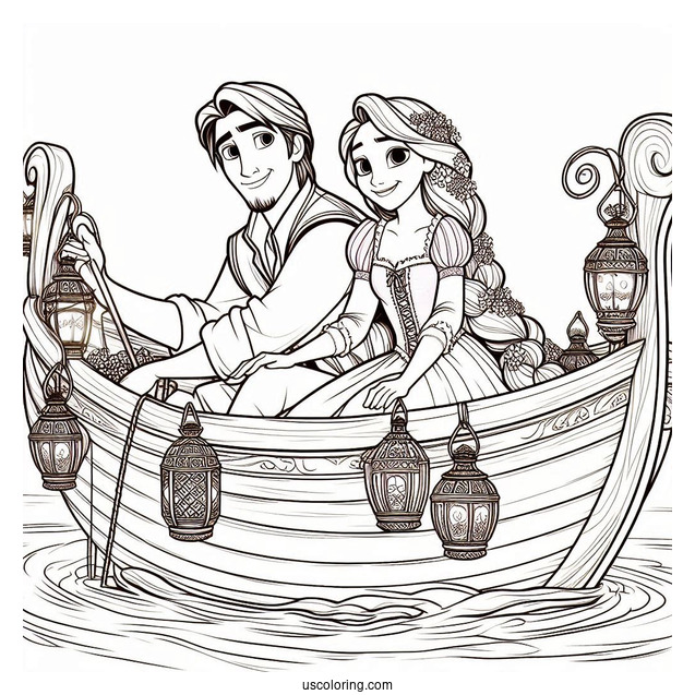 Rapunzel And Eugene In Boat With Lanterns To Color