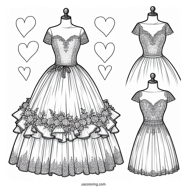 Wedding Dress Coloring Page With Short Sleeves And Tiered Tulle Tail