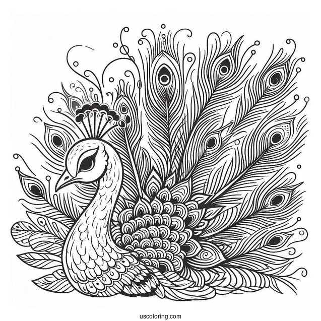 Side Profile Of Peacock Coloring Page With Fanned Feathers