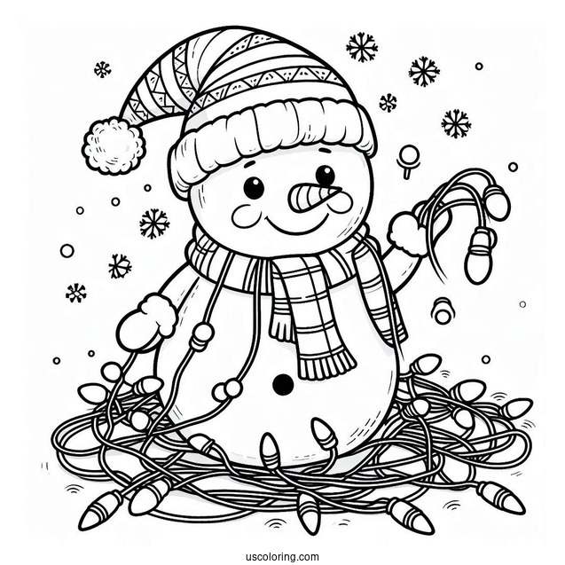 Cute Snowman Playing With Christmas Lights