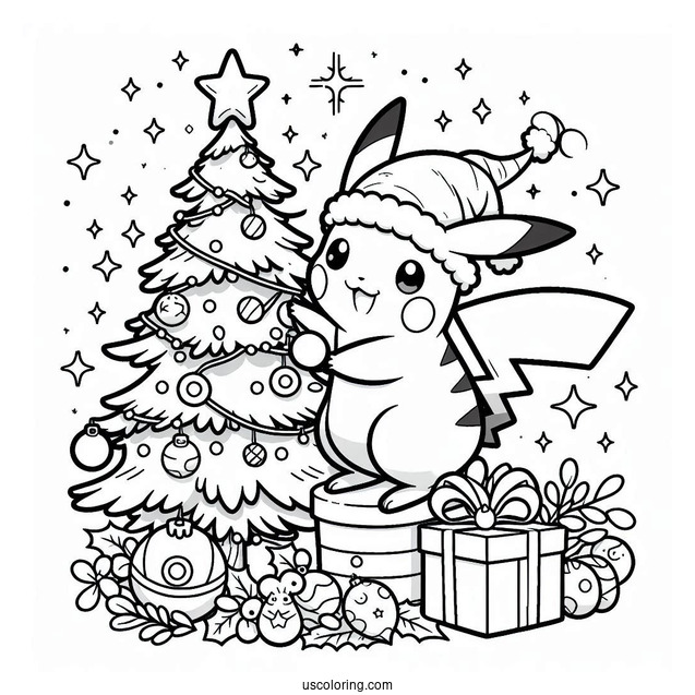 Pokemon Christmas Coloring Page Pikachu Decorating A Christmas Tree