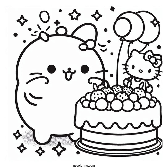 Pompompurin Eating Cake With Hello Kitty Coloring Sheet