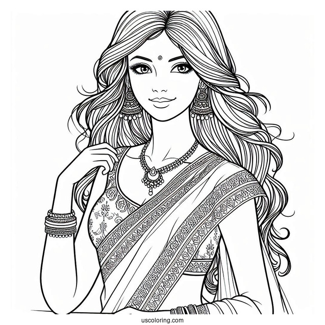 Indian Woman Wearing Elegant Sari Dress Coloring Page