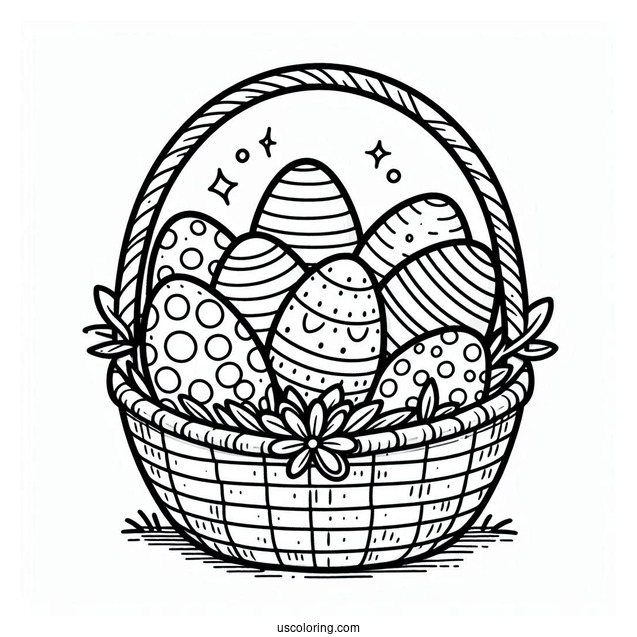 Easter Coloring Page Of Simple Easter Eggs In A Large Basket For Kids
