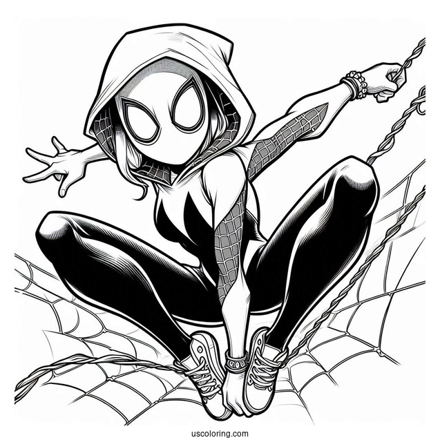 Cool Spider-Gwen Coloring Page Swinging From A Web