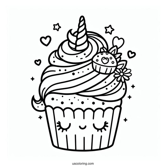 Unicorn Kawaii Cupcake Coloring Picture