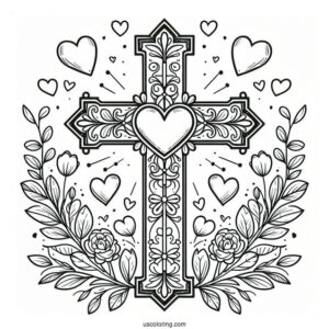 Cross Coloring Page With Love Hearts And Floral Details