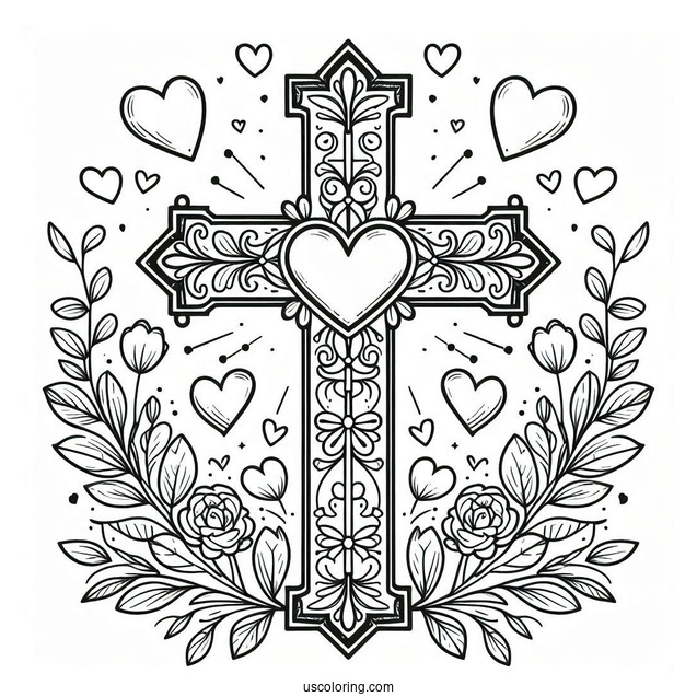 Cross Coloring Page With Love Hearts And Floral Details