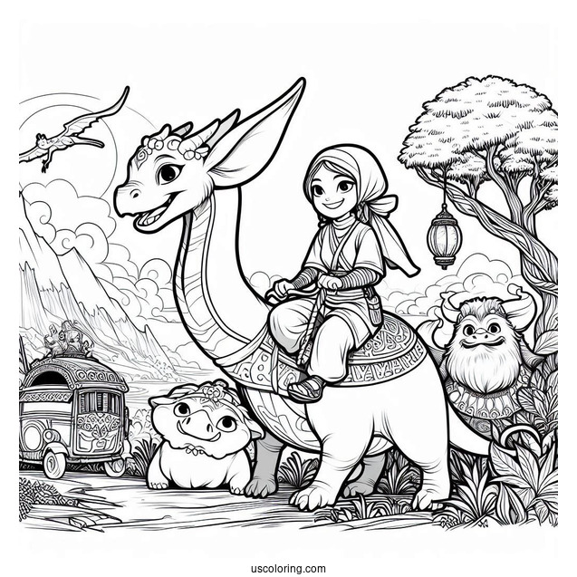 Raya And The Last Dragon Coloring Page Of Raya, Sisu, Tuk Tuk, And Namaari