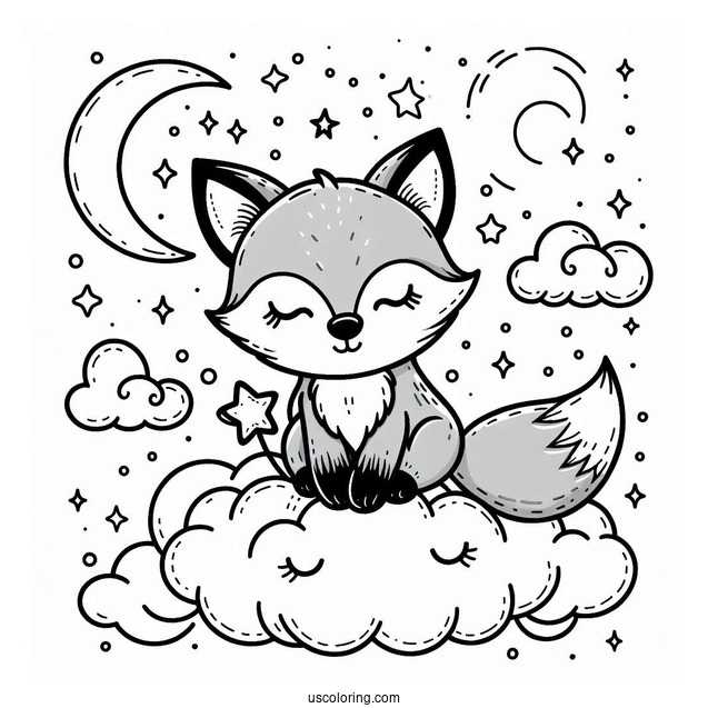 Lovely Fox Coloring Page Holding A Star On A Cloud For Preschoolers