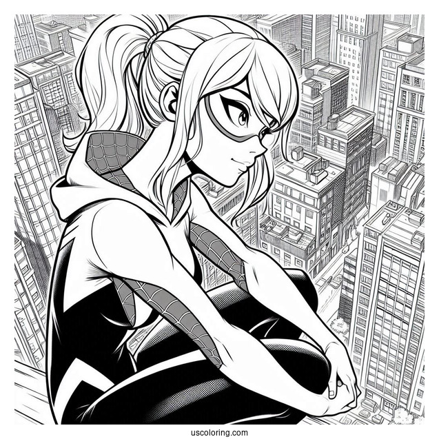 Spider-Gwen Coloring Page Looking Down From The Top Of A Building