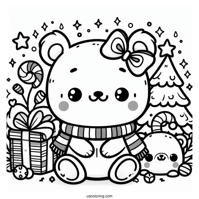 Kawaii Christmas Polar Bear Coloring In