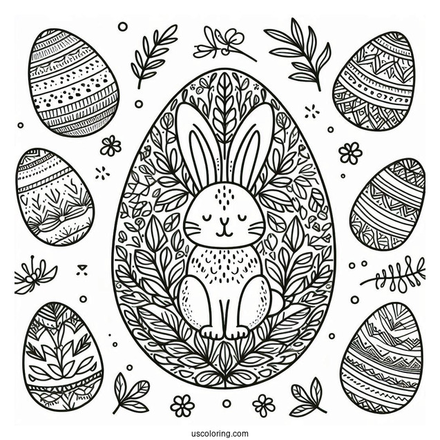Bunny And Leaves Pattern Easter Egg Coloring Page