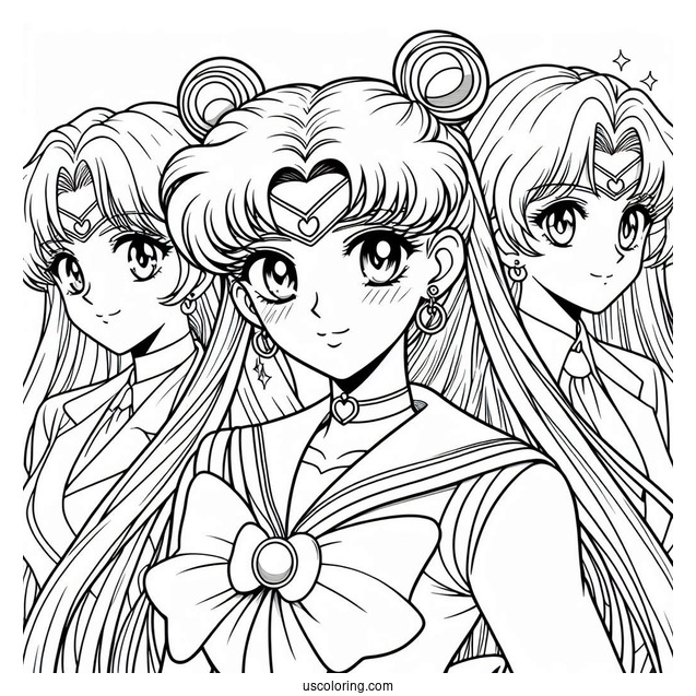 Sailor Moon, Tuxedo Mask, and Chibusa Coloring In